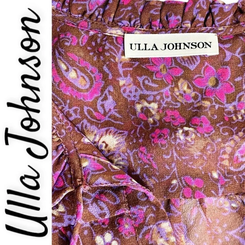 ULLA JOHNSON Renly Silk Paisley Blouse Plum Purple Boho Luxe Romantic,‎ Size 0